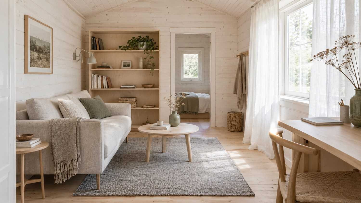 Bright Scandinavian shed house interior design ideas shown in a white-washed room with blonde wood, sage accents