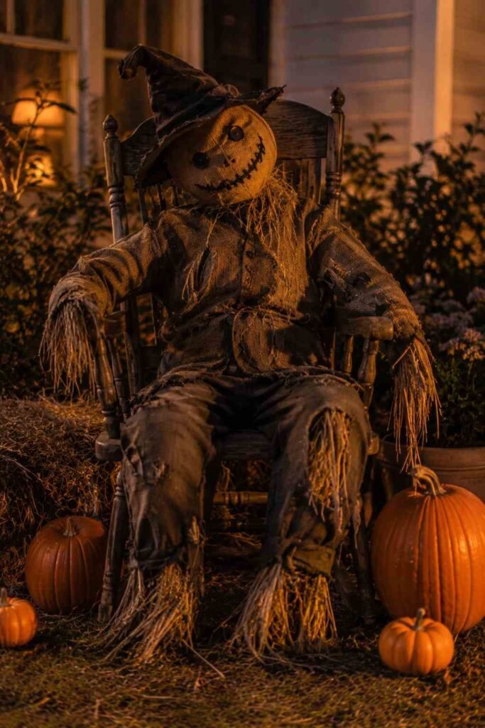 Tattered scarecrow seated in a chair with straw and pumpkins in a yard at dusk.