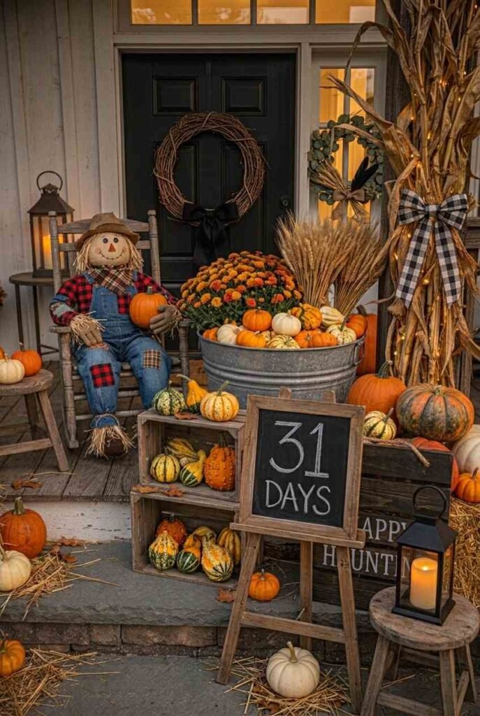 Friendly scarecrow in a rocking chair holding a pumpkin on a farmhouse porch