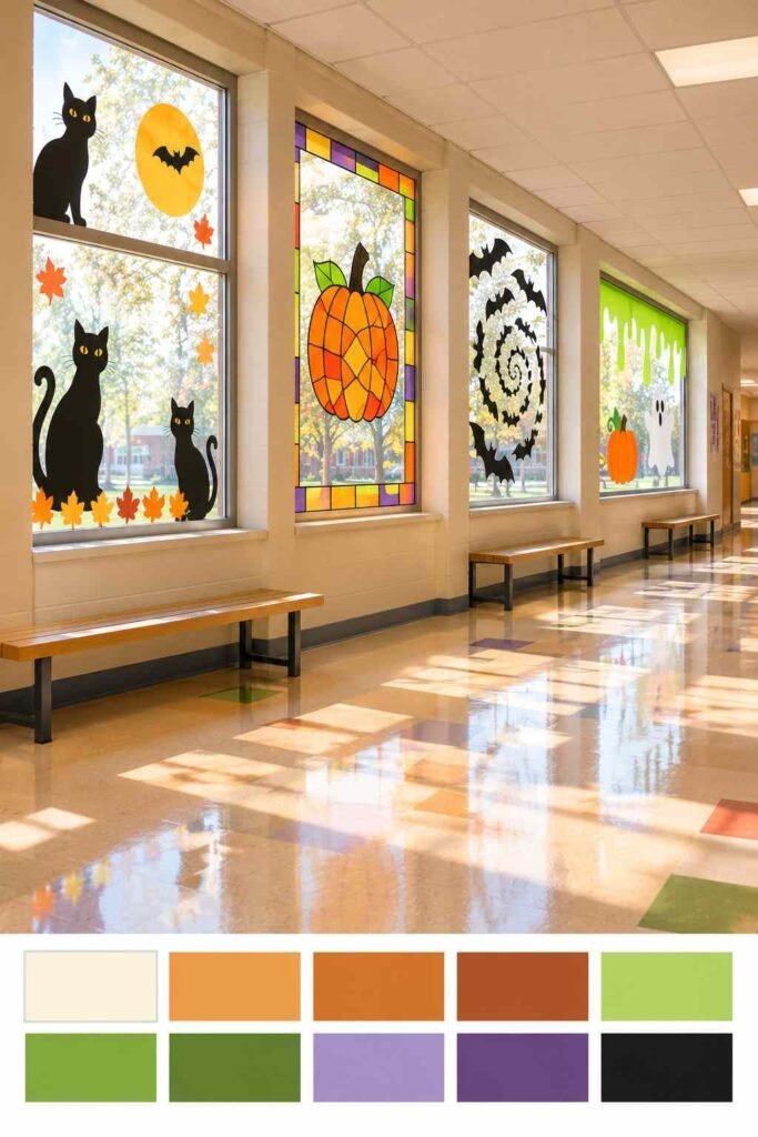 School hallway with four Halloween window displays and a color palette strip of orange, lime, purple, and black.