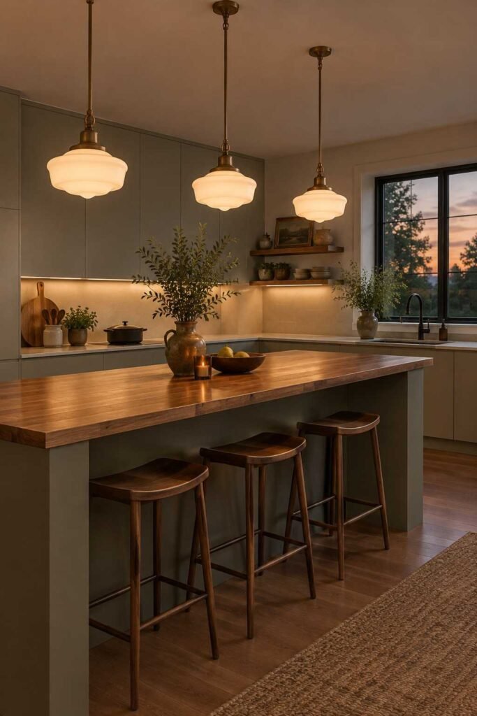 Three schoolhouse lamps hanging over a long island in a contemporary kitchen