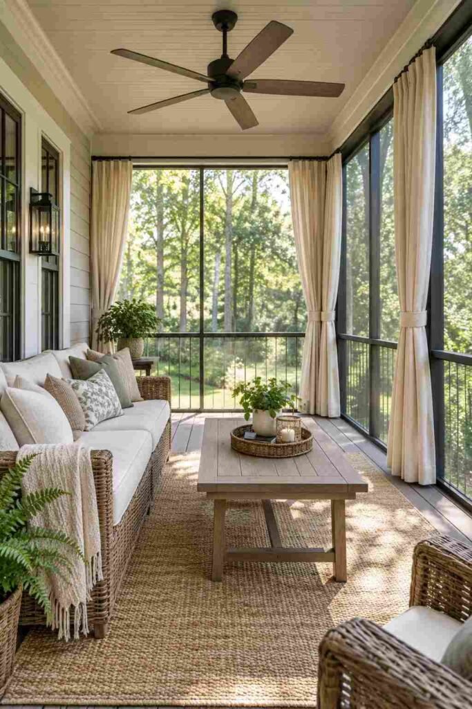 Screened porch with ceiling fan and wicker sofa