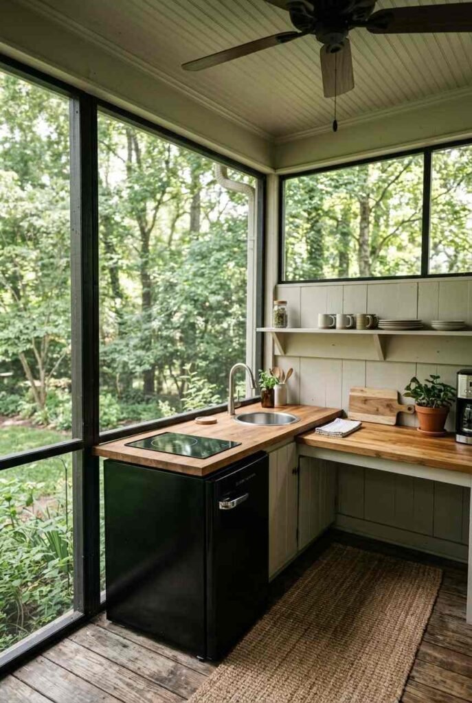 Semi-Outdoor Kitchen Ideas: 30 Covered Designs for Patios, Porches, and Balconies 9 Screened porch kitchenette with sink, mini fridge, and induction cooktop