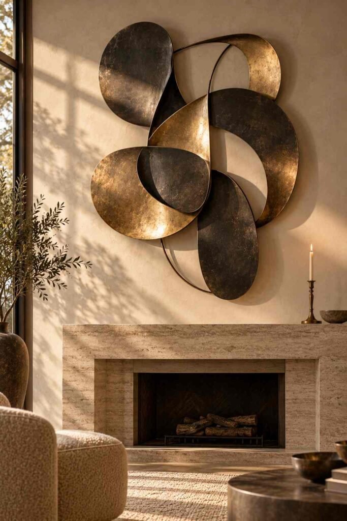 30 Luxury Wall Decor Ideas for Living Room Walls: Art, Texture, Mirrors & Lighting 6 Sculptural brass and blackened steel wall art above a stone fireplace.