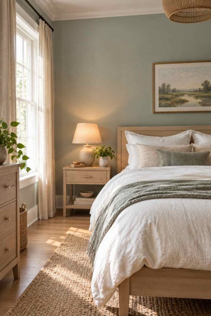 Soft sea-salt green-blue bedroom wall with white bedding and pale wood.