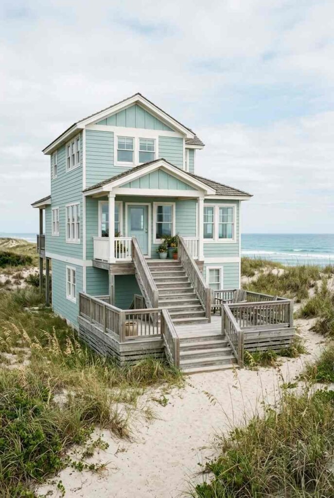 Seafoam green beach house with white trim, weathered wood deck, and dune grasses