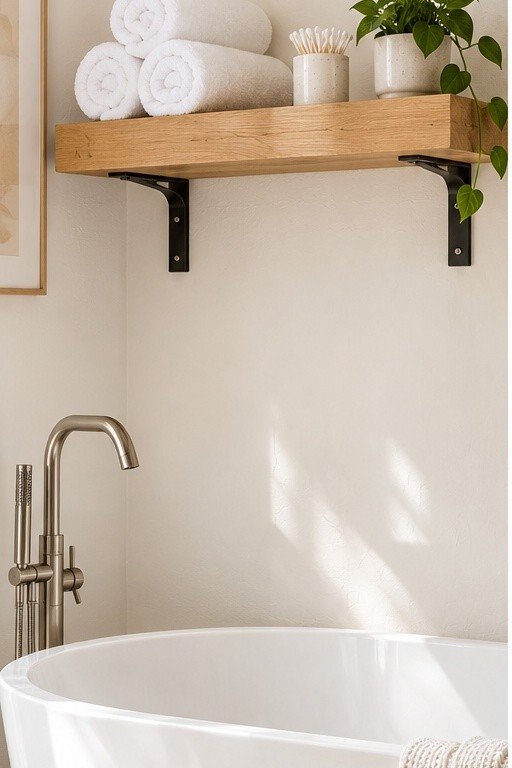 Thick sealed wood plank shelf on black brackets holding rolled towels and a plant above a bathtub