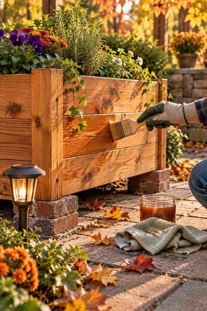 28 Budget-Friendly Outdoor Decorations DIY Garden Projects for Every Season 20 Gloved hand sealing a cedar planter raised on brick feet to protect outdoor decorations DIY garden projects