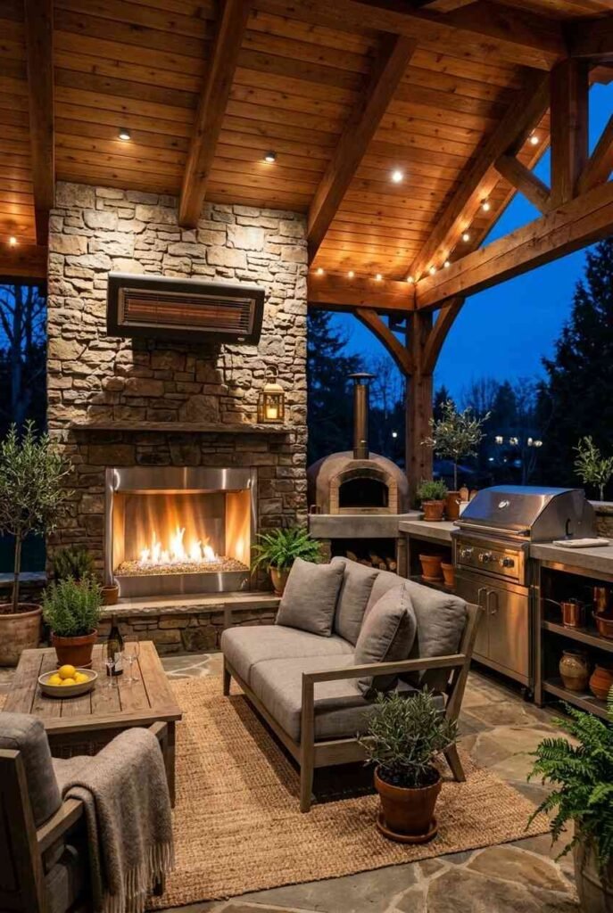Semi-Outdoor Kitchen Ideas: 30 Covered Designs for Patios, Porches, and Balconies 17 Covered outdoor kitchen at dusk with a glowing fireplace and wall-mounted heater