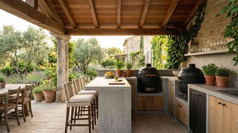 Covered patio with a warm wood and stone semi-outdoor kitchen