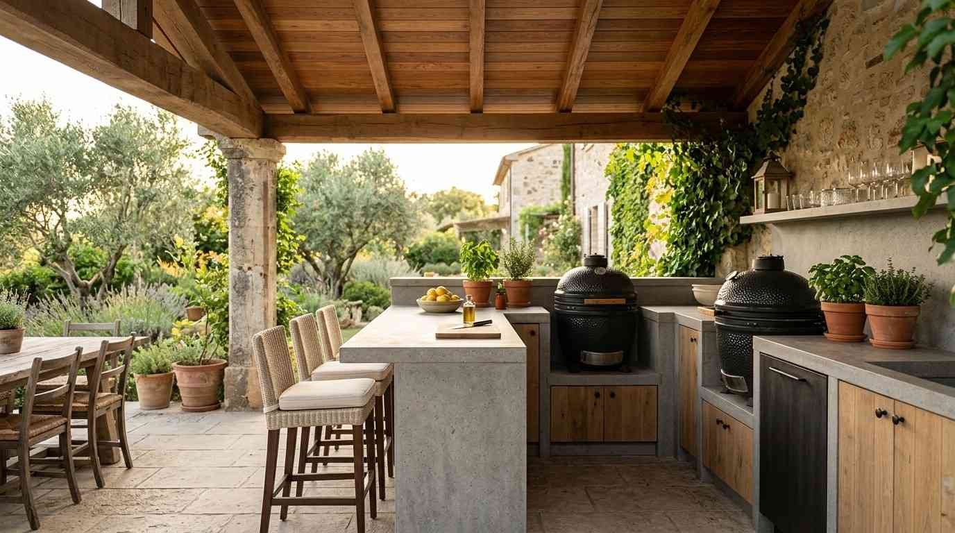 Covered patio with a warm wood and stone semi-outdoor kitchen