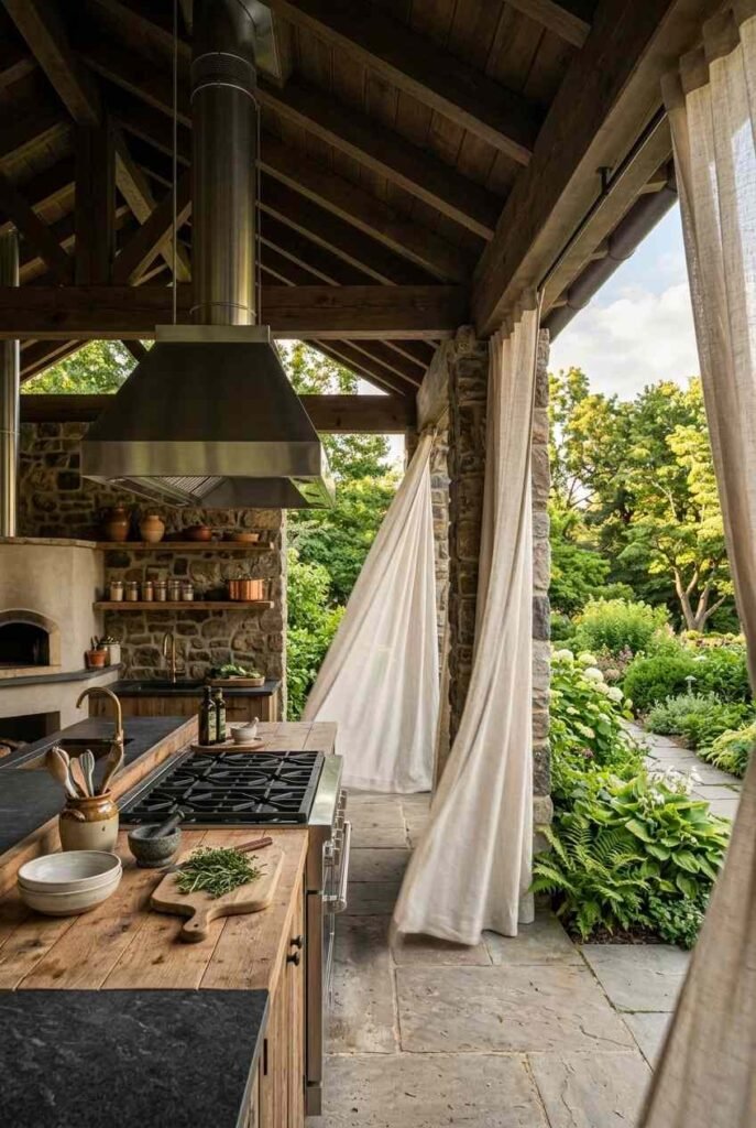 Semi-Outdoor Kitchen Ideas: 30 Covered Designs for Patios, Porches, and Balconies 2 Roofed outdoor kitchen with one open side that lets fresh air and cooking smoke flow out