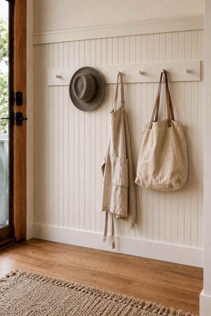 30 Smart Entryway Organization Wall Ideas: for Hooks, Shelves & Storage 6 Painted Shaker peg rail on an entry wall holding a hat, apron, and canvas bag