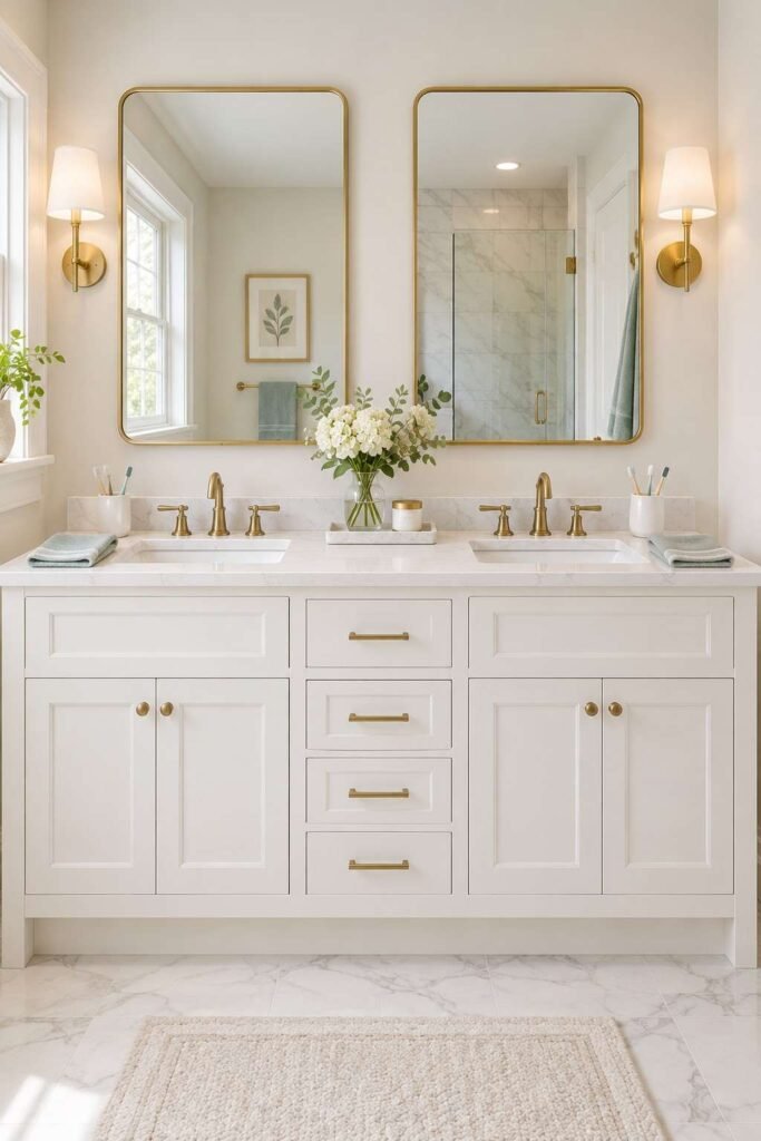 30 Bathroom Vanity Ideas For Double Sink Layouts for Every Style and Budget 2 Shared bathroom with a double sink vanity and two matching mirrors in morning light.
