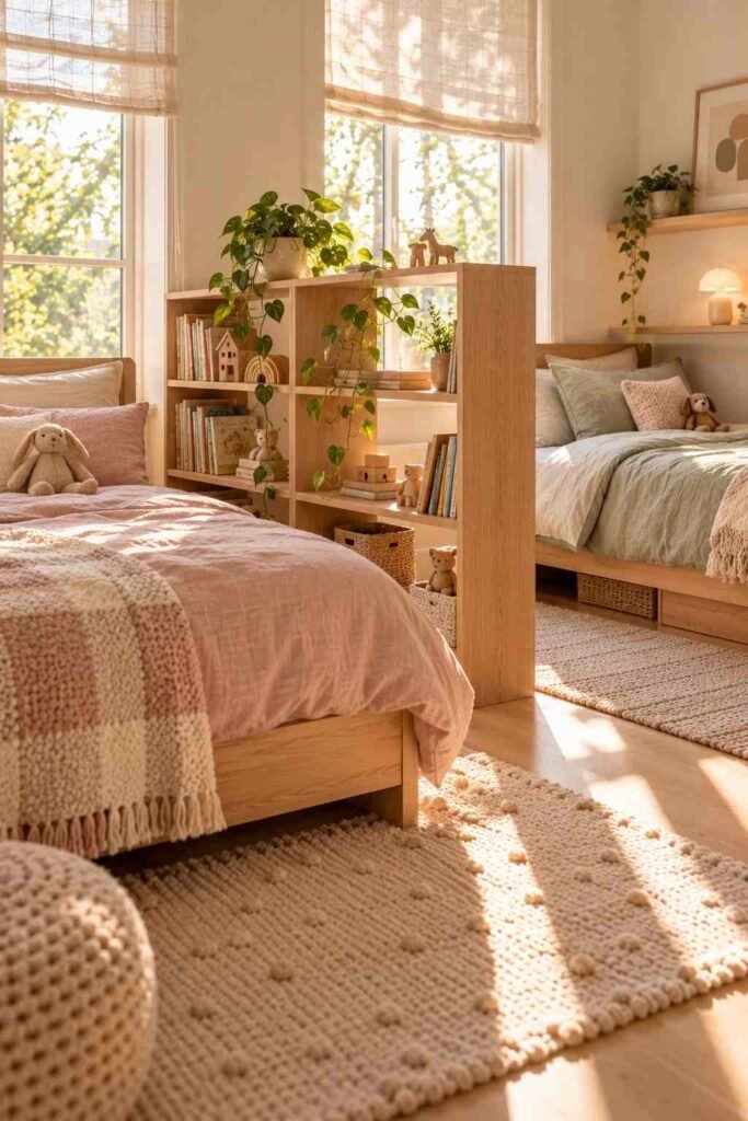 Shared kids’ bedroom divided by a low open bookcase in Scandinavian style