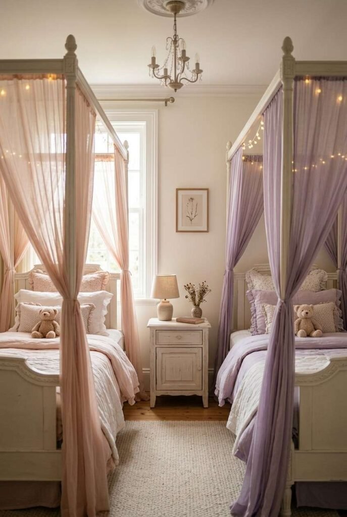 30 Canopy Bed Ideas for Princess Bedroom: Dreamy, Safe & Budget-Friendly 17 Two matching twin canopy beds with blush and lavender drapes in a shared bedroom