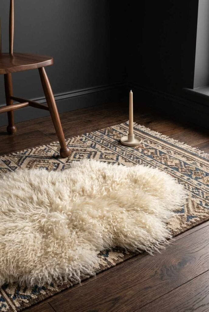 Sheepskin on a flatweave rug over smoked oak flooring in a dark Nordic room