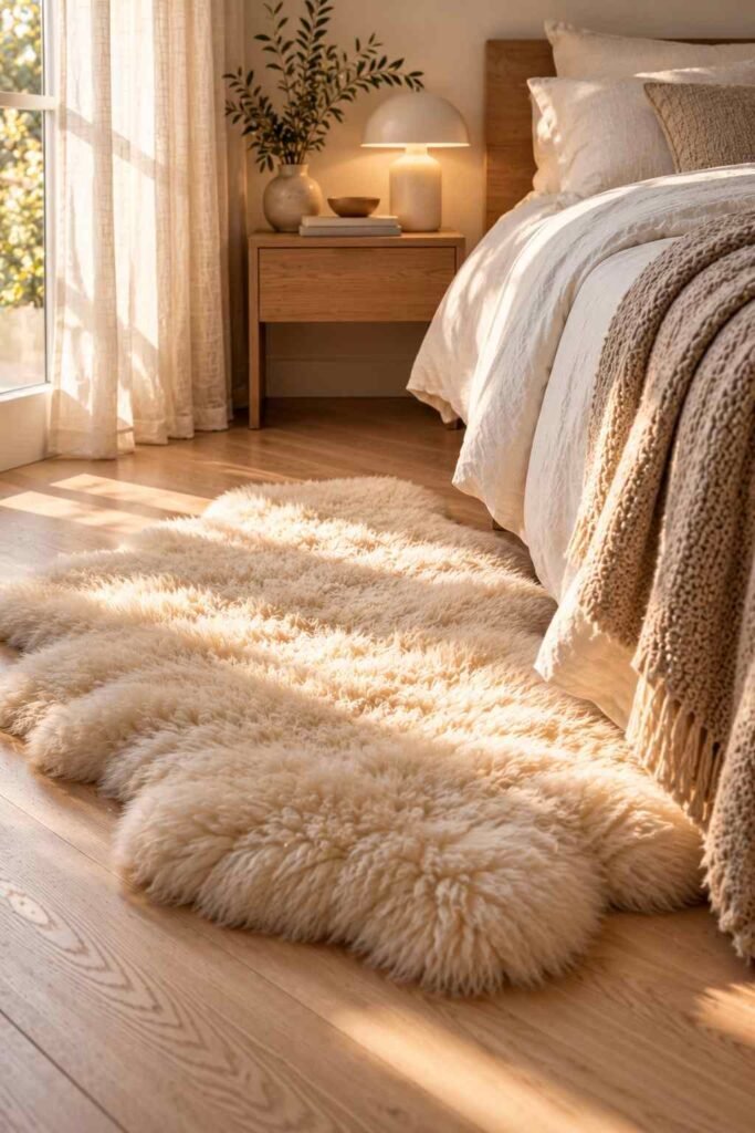 Cream sheepskin rug on a pale oak floor next to a bed
