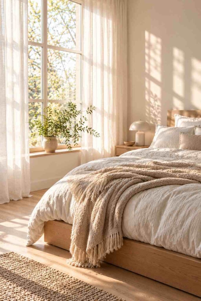 Sheer linen curtains letting natural light into a bright Scandinavian bedroom