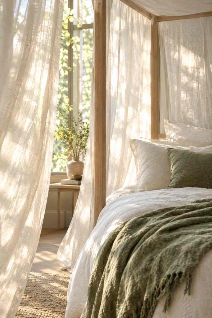 Sheer linen canopy panels glowing in morning light over a pale wood bed frame