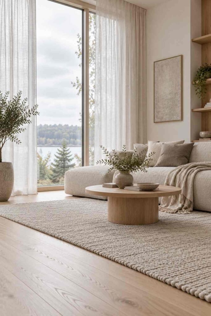 Sheer linen curtains letting soft daylight into a Scandinavian living room