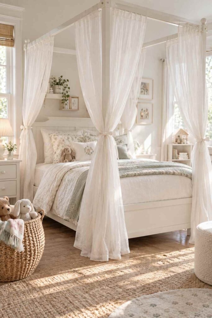 Sheer white four-poster canopy bed in a bright kids' bedroom.