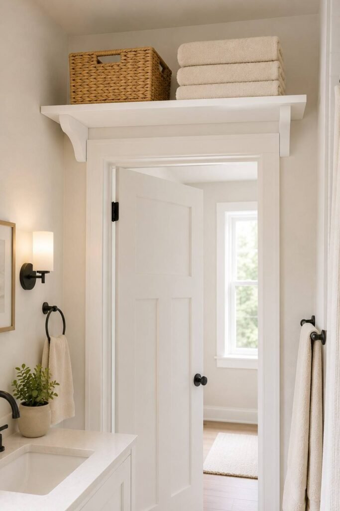 27 Bathroom Storage Ideas For Towels That Fit Into Tiny Powder Rooms to Primary Baths 17 Shelf above a bathroom door with spare folded towels and a basket.