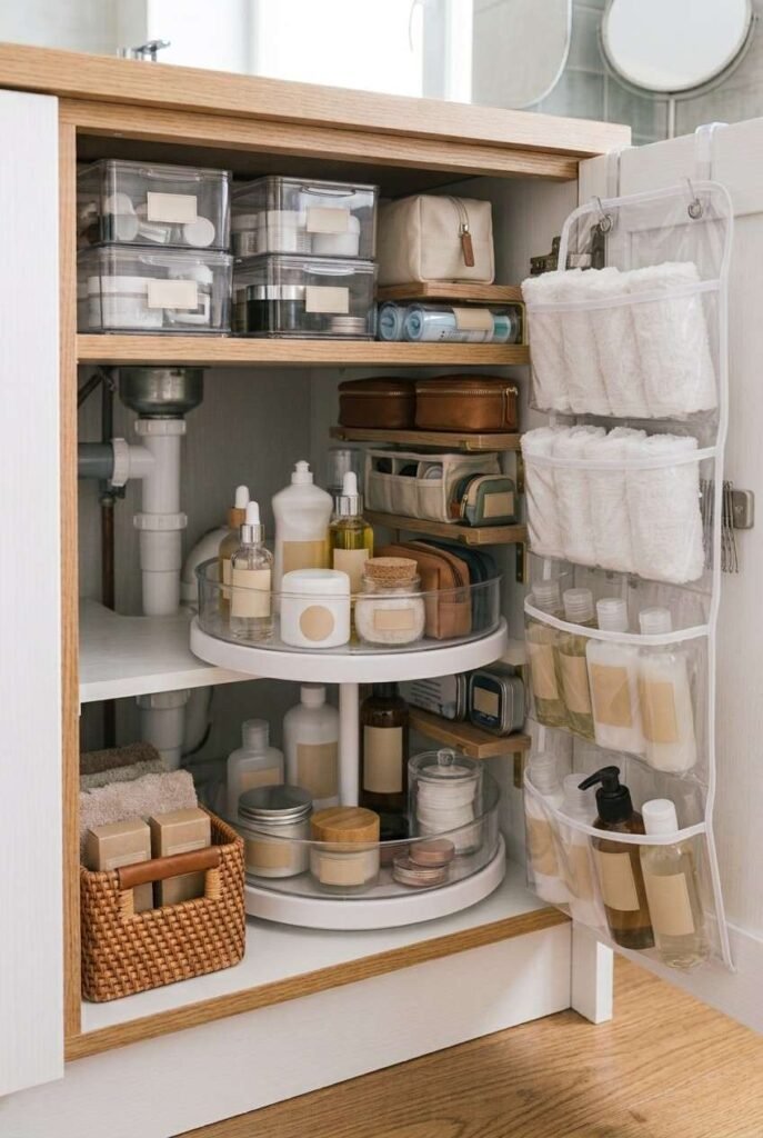 26 Bathroom Storage Ideas Under Sink for a Tidier, Roomier Vanity 15 Narrow side-wall shelves inside a sink cabinet