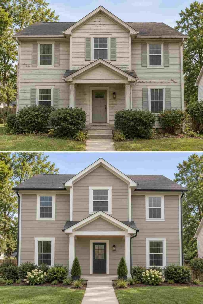 Home Remodeling Before and After: 28 Room-by-Room Transformations 15 House exterior before and after new fiber cement siding, white trim and black gutters.
