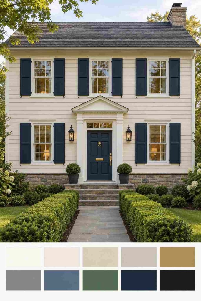 Cream siding and navy shutters on a classic colonial remodel, with a color palette strip below