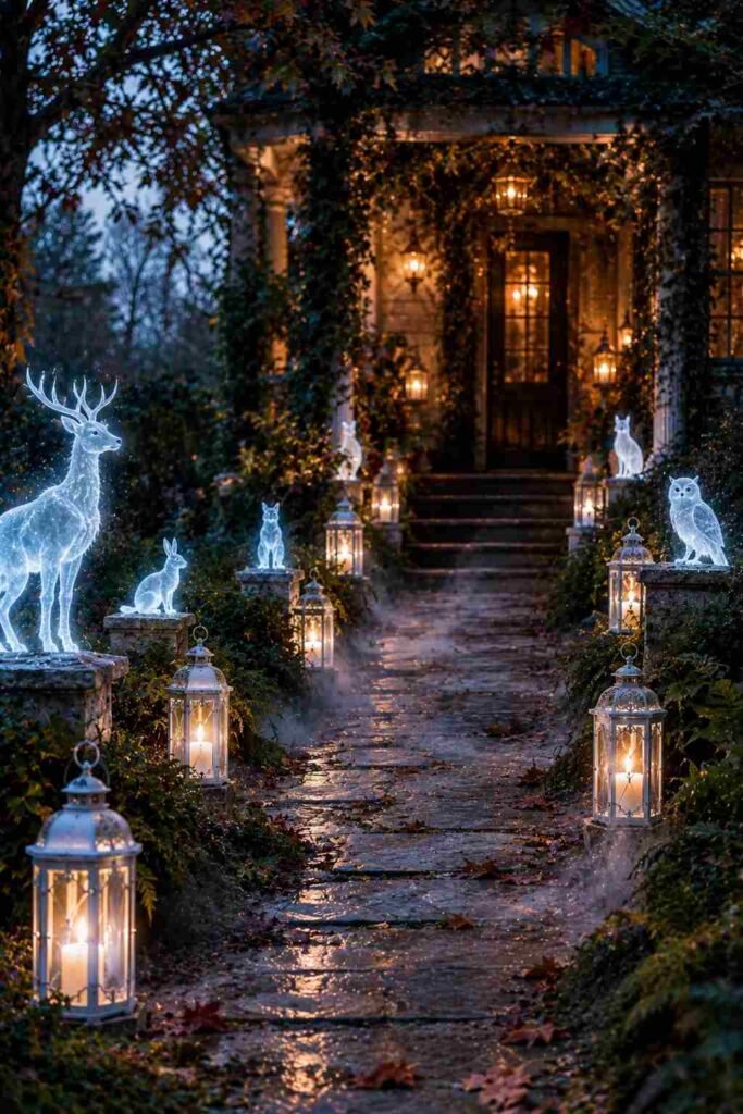 Walkway lined with white and silver lanterns and glowing translucent animal silhouettes.