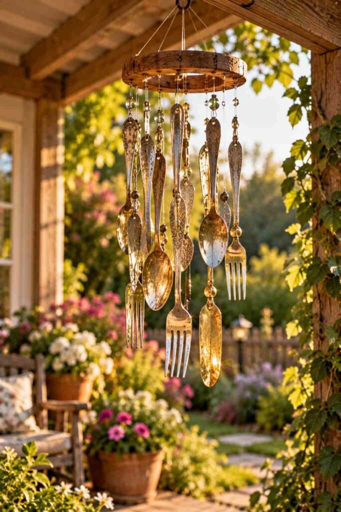 28 Budget-Friendly Outdoor Decorations DIY Garden Projects for Every Season 13 Wind chime made from flattened spoons and forks hanging from a wooden ring on a porch beam