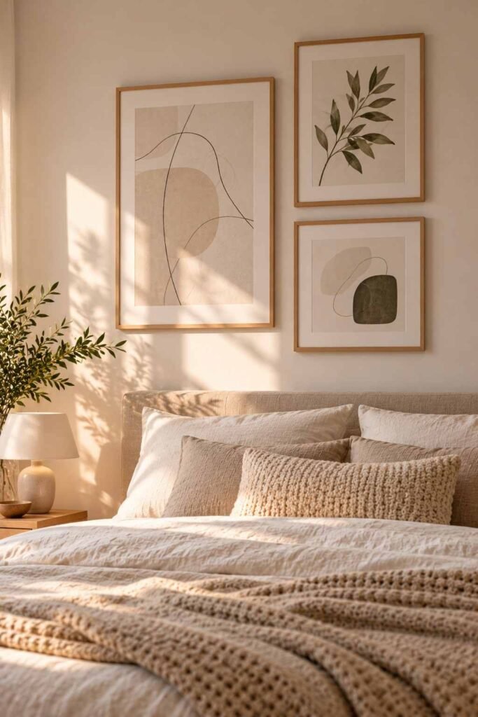 Three simple framed prints above a bed in a Scandinavian bedroom