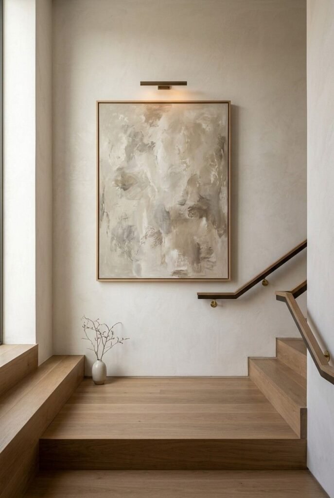 28 Stairs Wall Decor Ideas Modern Luxury Interiors Style Your Staircase Wall 4 Single oversized abstract canvas hung at a staircase landing in a minimal luxury interior