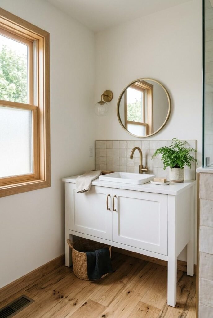 30 Bathroom Vanity Ideas: Single Sink for Small, Medium, and Large Spaces 2 White shaker single sink bathroom vanity with clear quartz counter in soft morning light