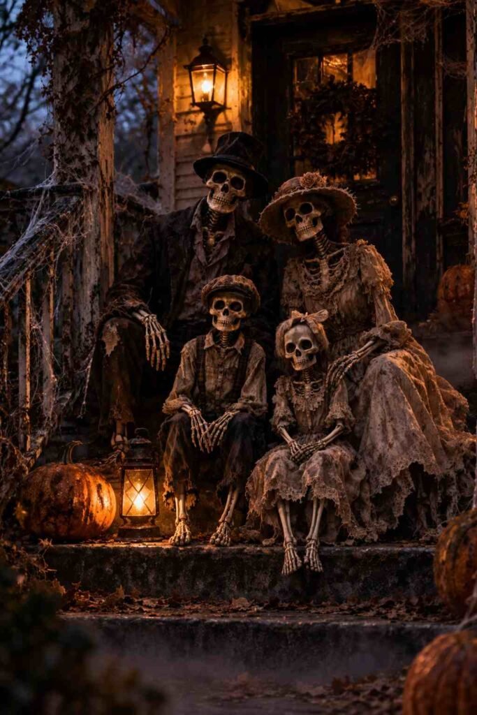 Skeleton family sitting on Halloween porch steps in old clothes.