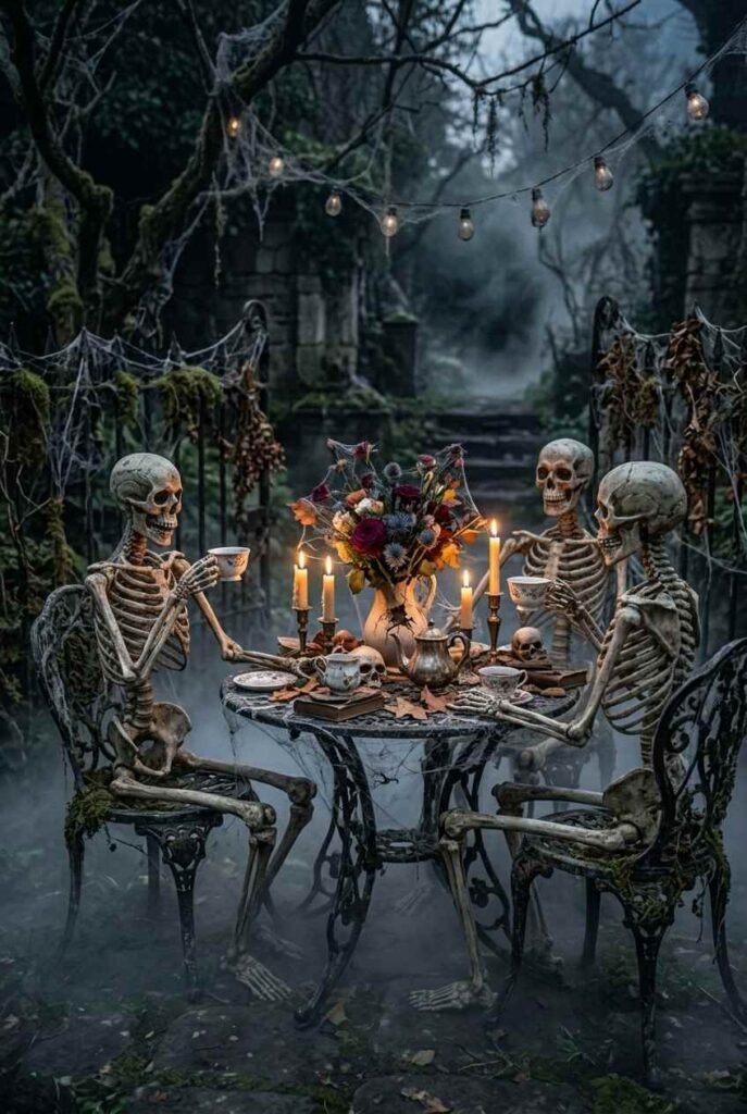 28 Spooky Halloween Theme Ideas to Make October 31 Unforgettable 14 Skeleton garden party Halloween table with teacups, flowers and candles at dusk.
