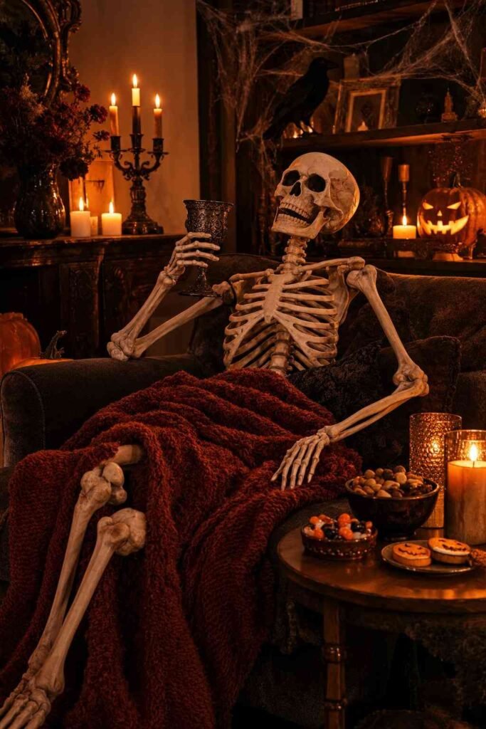 28 Halloween Party Decorations Indoor: Spooky Ideas That Transform Any Room 16 Life-size skeleton lounging on a sofa with a drink and blanket as a funny Halloween party decoration