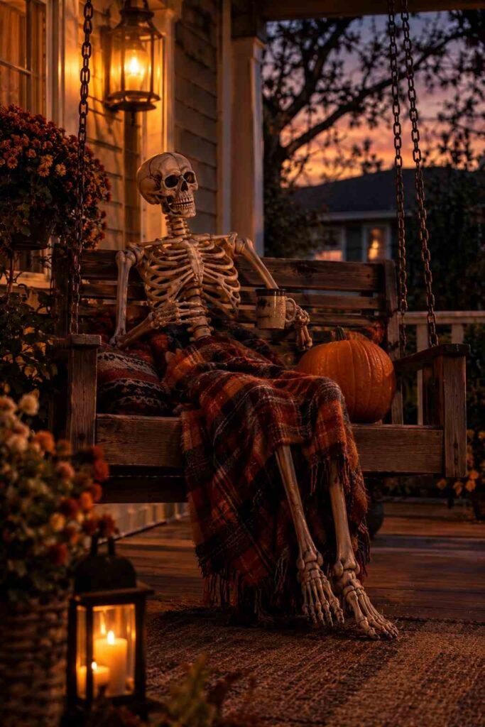 Skeleton sitting on a porch swing with a blanket and mug as a Halloween decoration