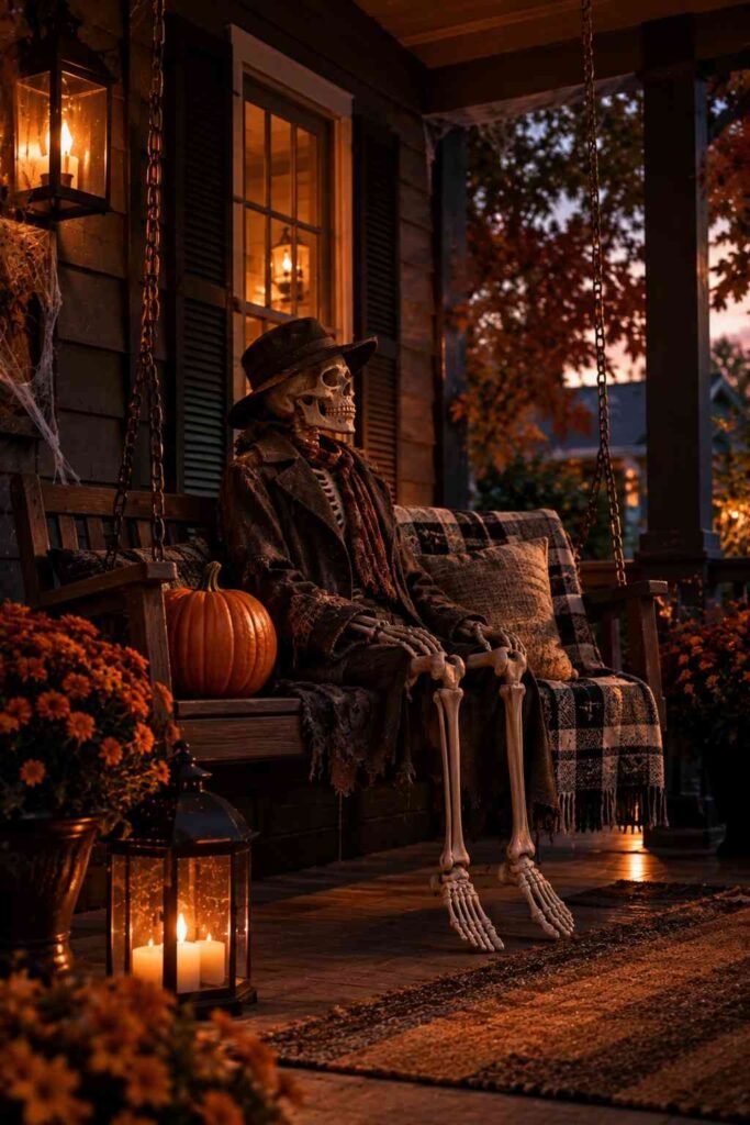 Skeleton in a coat and hat sitting on a porch swing next to a pumpkin.