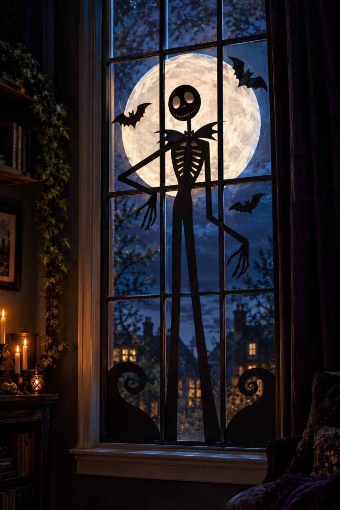 Tall skeleton silhouette in a bat bow tie before a full moon in a Halloween window.