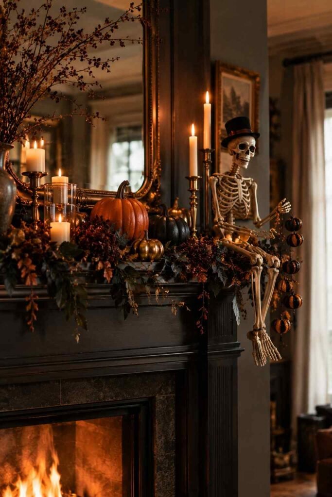 28 Halloween Mantel Decor Ideas: Spooky, Elegant and Family-Friendly Styles 5 Skeleton in a top hat sitting on the edge of a Halloween mantel.