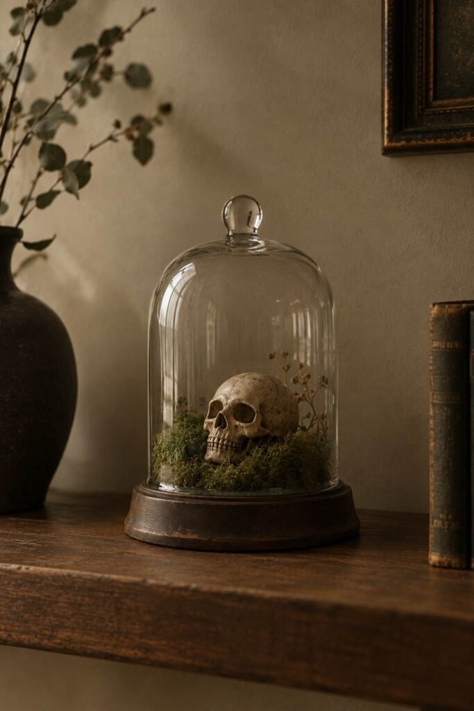 28 Modern Halloween Shelf Styling Ideas That Look Stylish, Not Scary: A Chic, Spooky Home 11 Small skull on moss under a glass cloche as a museum-style Halloween shelf centerpiece.