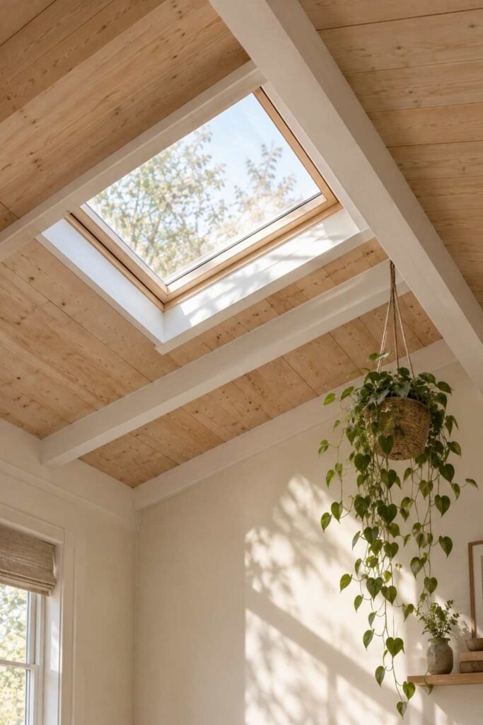 Skylight above a pitched wood ceiling in a bright shed house.
