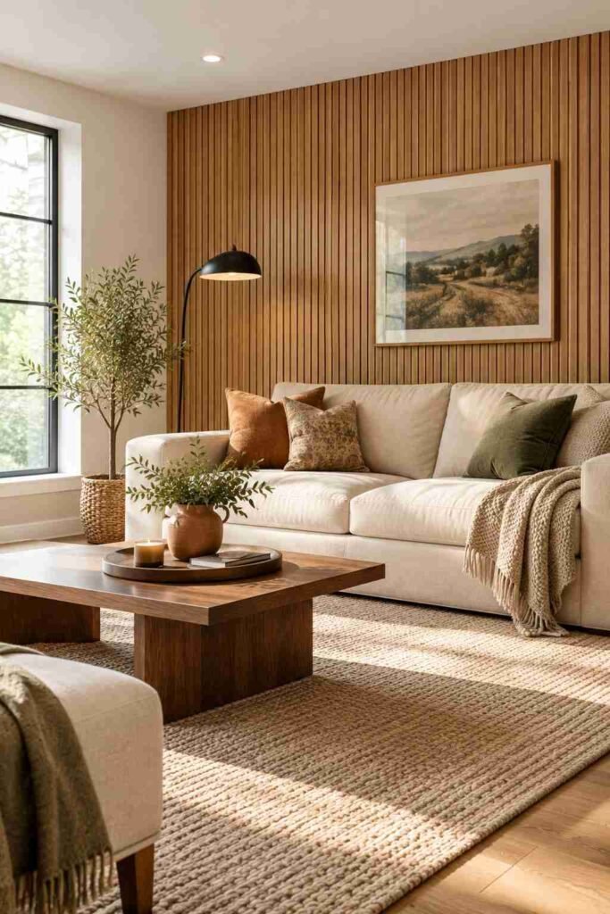 25 Stunning Home Remodeling Living Room Ideas to Refresh Your Space 8 Living room feature wall covered in vertical oak slat paneling behind a sofa.