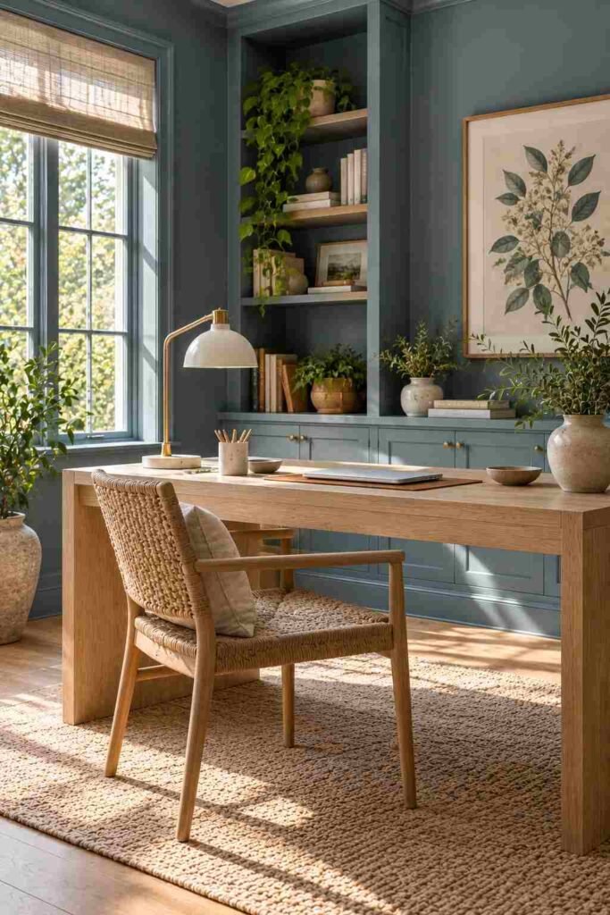 Home office with slate blue walls, pale oak desk, and woven chair