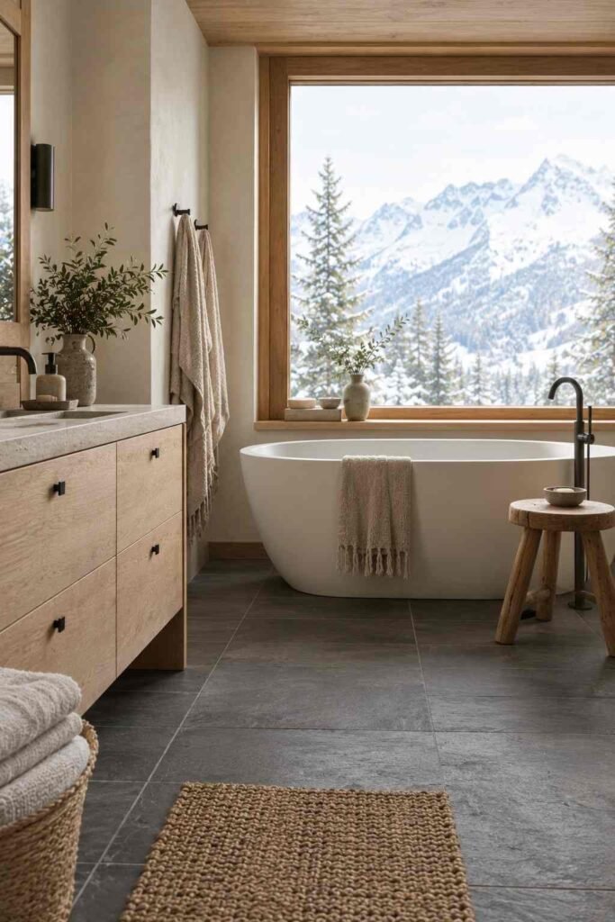 27 Scandinavian Mountain Interior Design Ideas: Ways to Create a Warm Nordic Cabin 17 Slate floor bathroom with pale wood vanity and freestanding tub in a Nordic mountain home