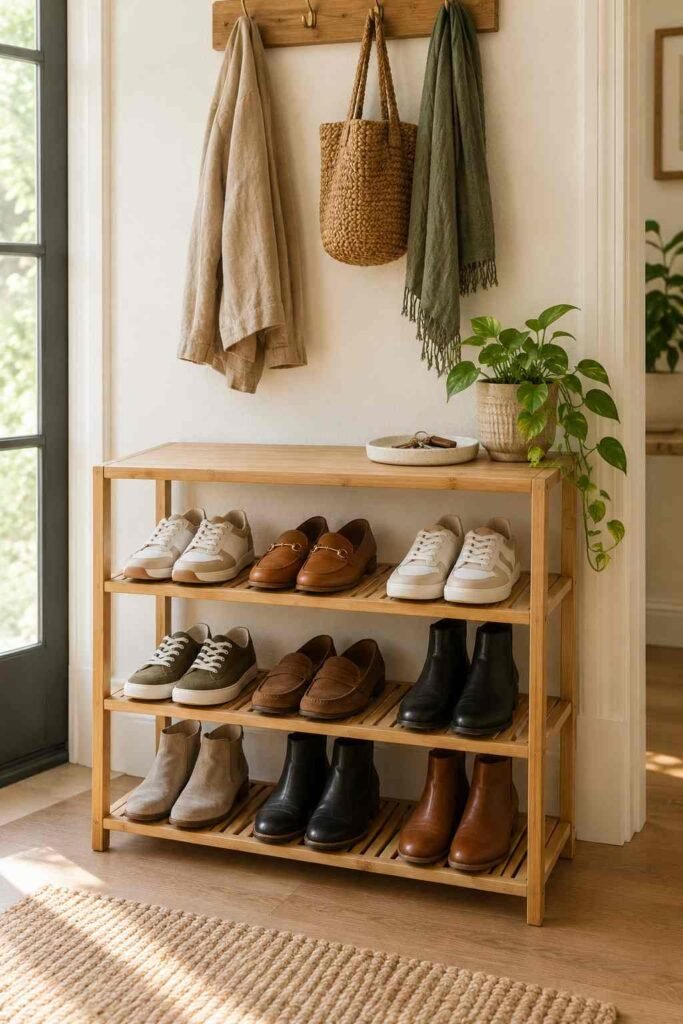 28 Beautiful Bamboo Entryway Storage Ideas for a Tidy, Natural Home 4 Three-tier slatted bamboo shoe rack with a top shelf holding a key tray and plant