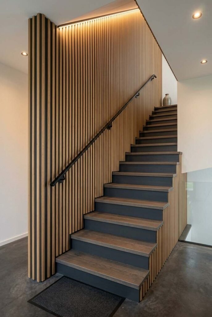 28 Stairs Wall Decor Ideas Modern Luxury Interiors Style Your Staircase Wall 9 Slatted oak wall with a dark backing along a modern luxury staircase
