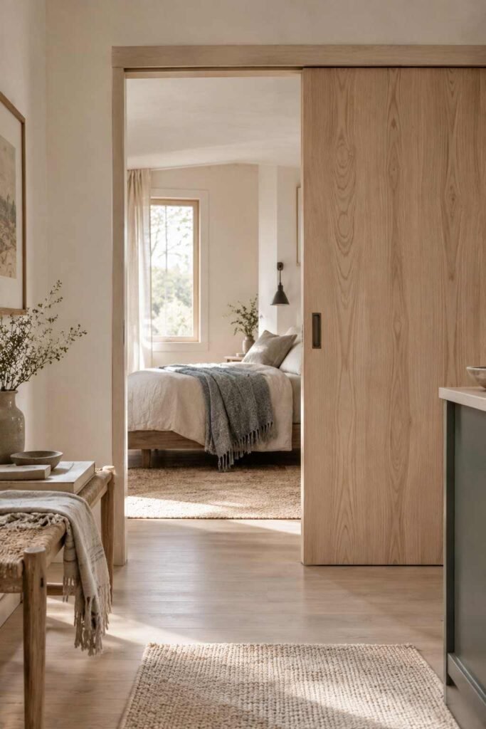 Ash wood sliding door dividing bedroom from living area in a small shed home.